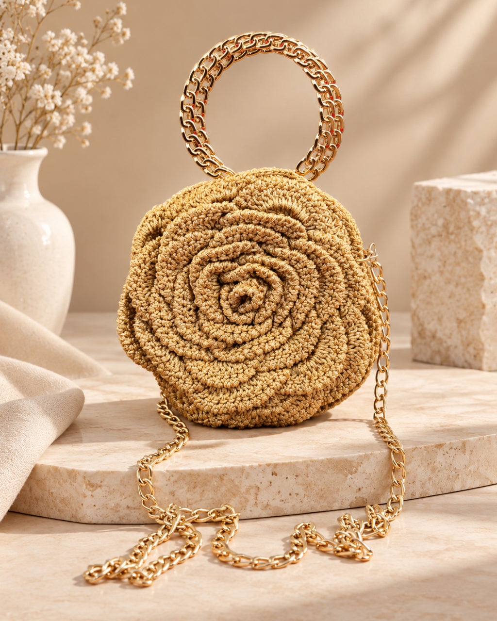 Handmade 3D Floral Clutch - Golden Rose
