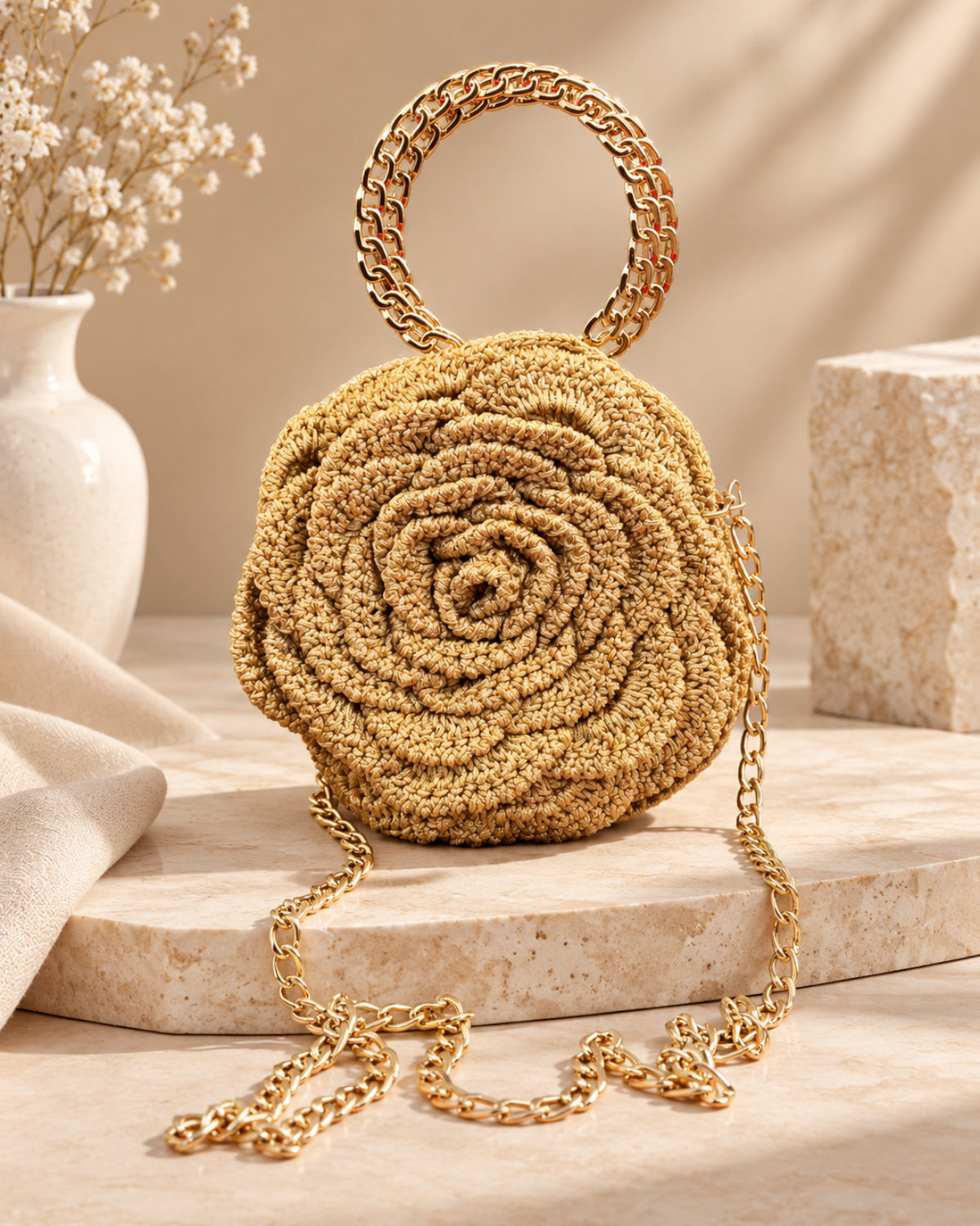Handmade 3D Floral Clutch - Golden Rose