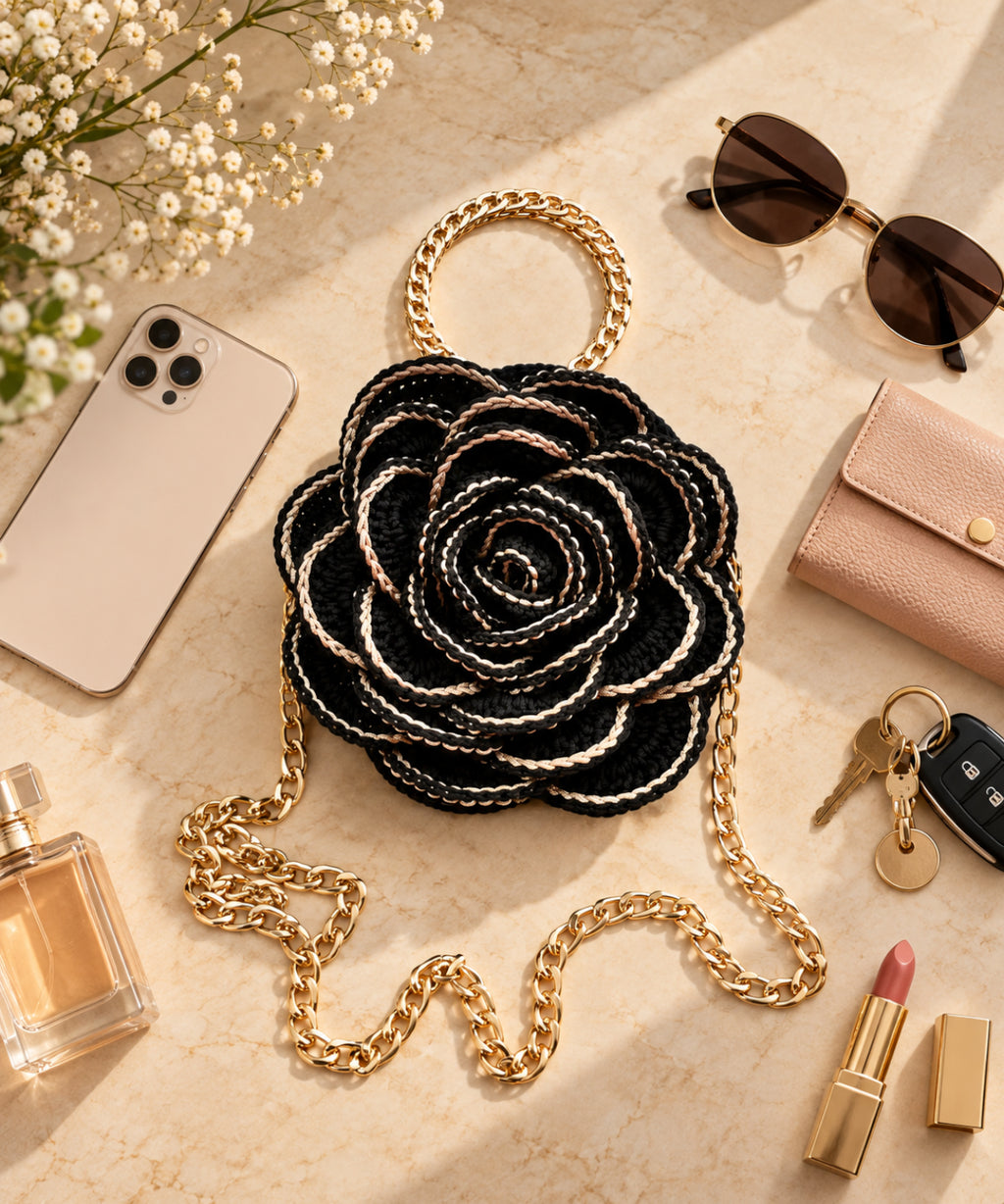 3D Rose Petal Crochet Handbag – Black and Gold