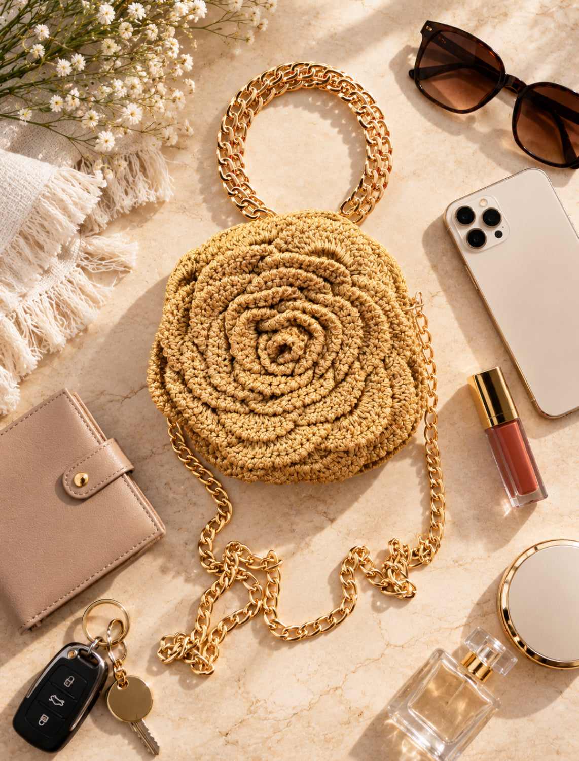 Handmade 3D Floral Clutch - Golden Rose