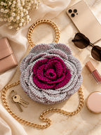 Handmade 3D Floral Clutch - Grey & Pinkish Purple Rose