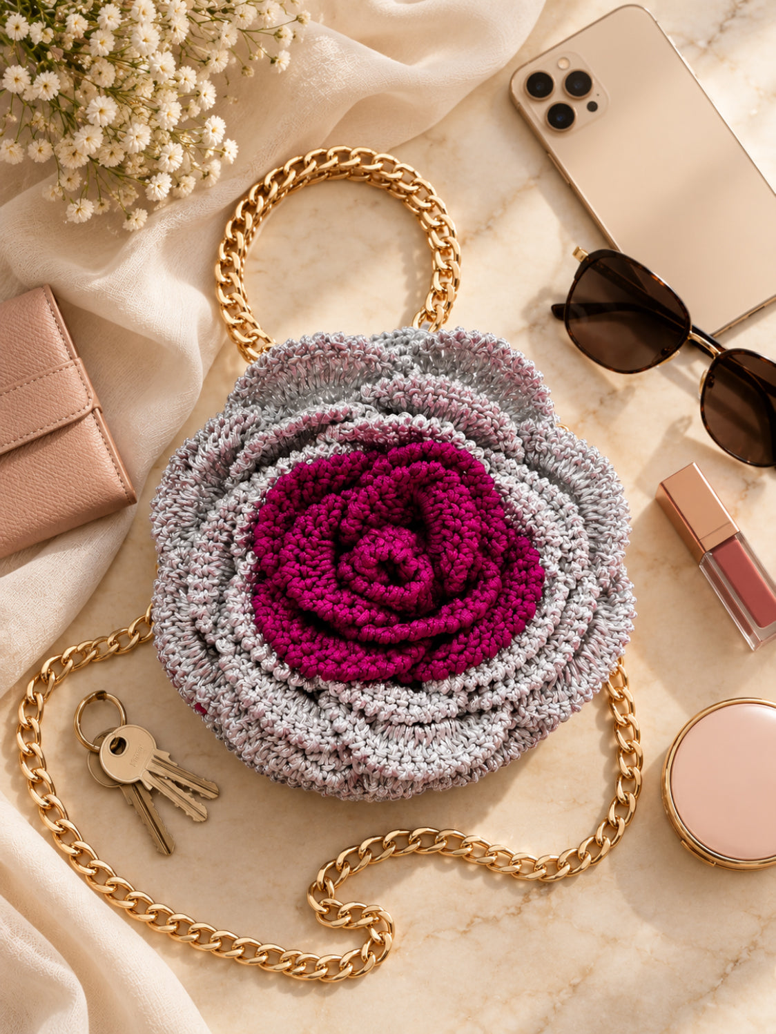 Handmade 3D Floral Clutch - Grey & Pinkish Purple Rose