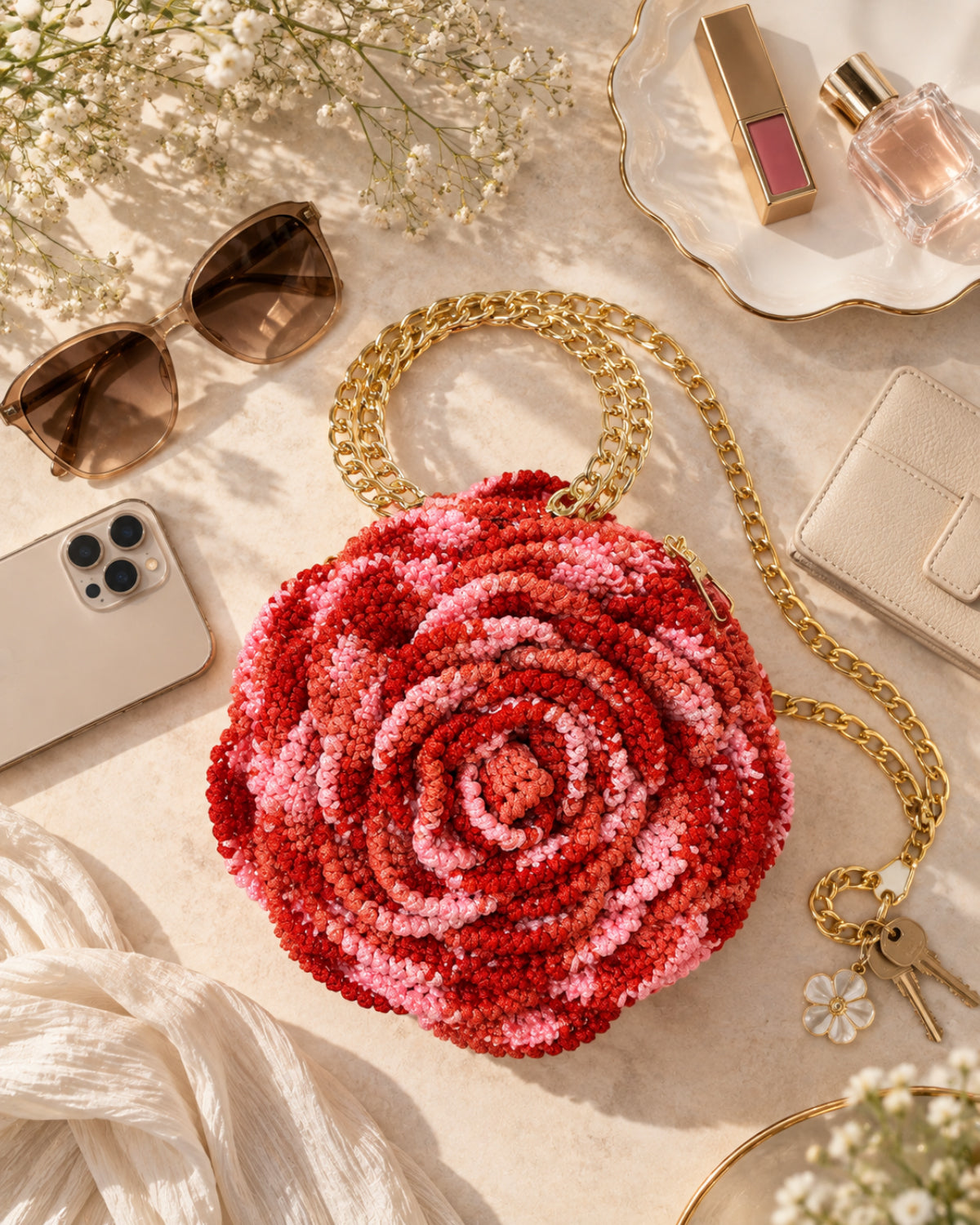 Handmade 3D Floral Clutch - Red Pink Rose