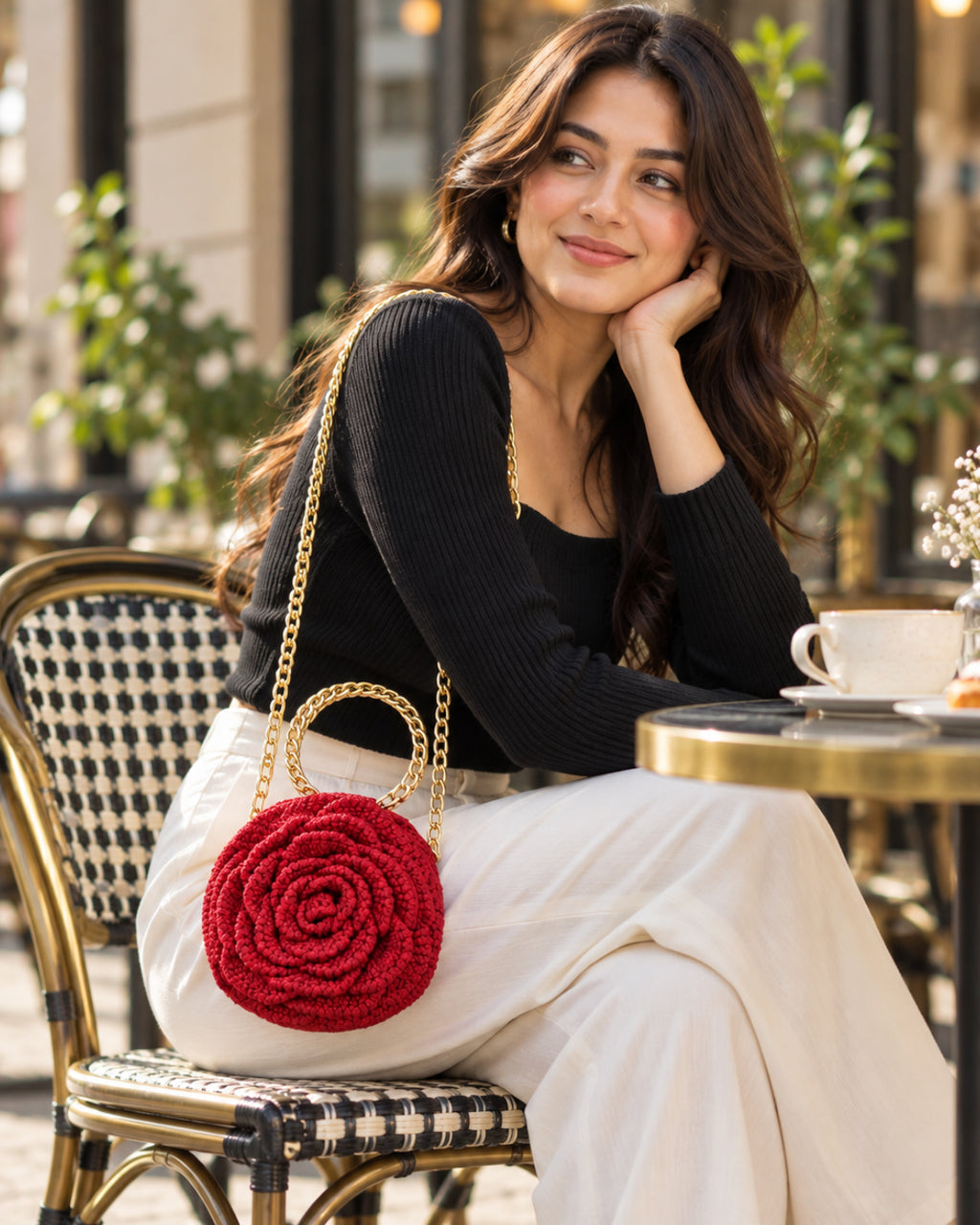 Handmade 3D Floral Clutch - Deep Red Rose