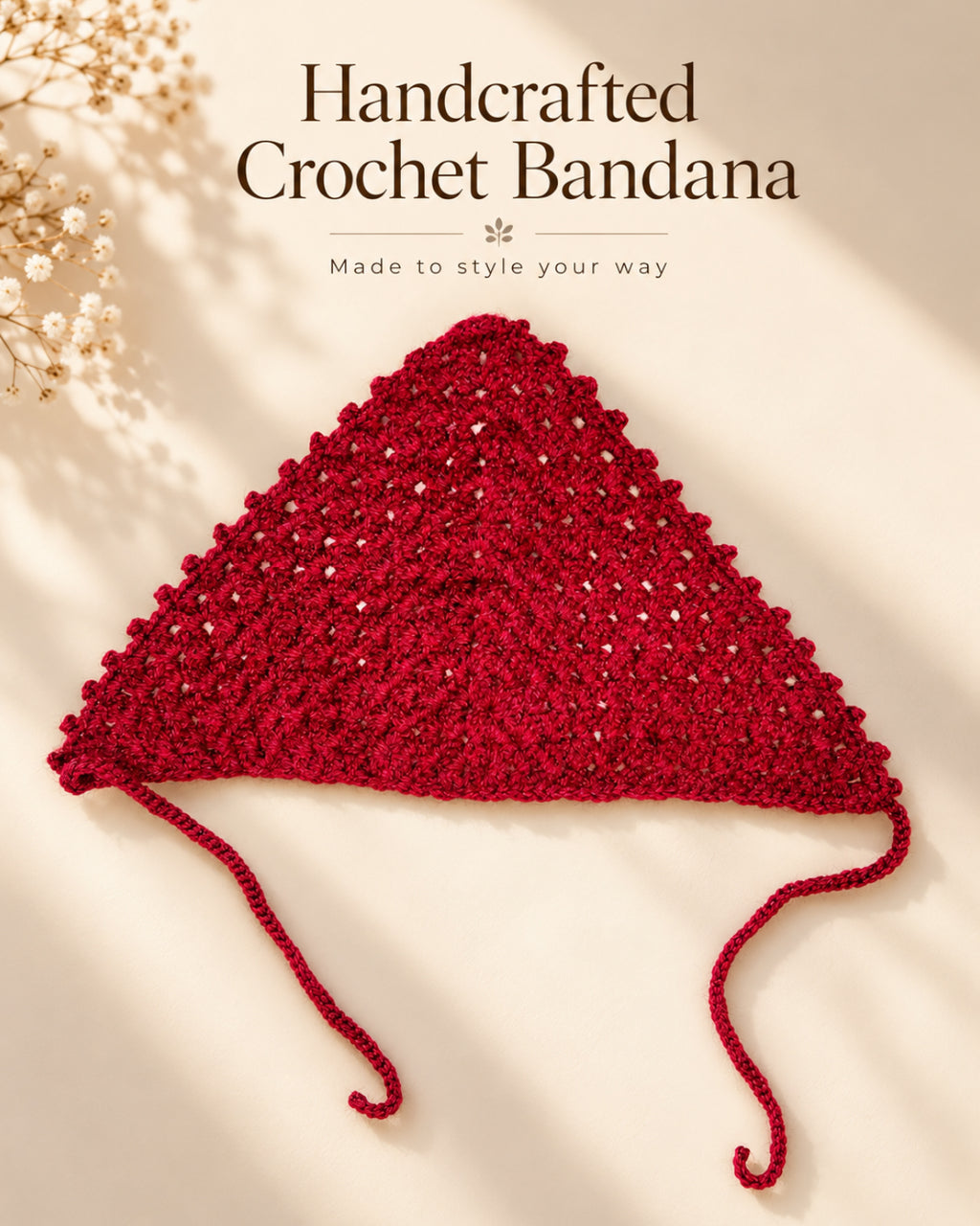 Ruby Red Floral Crochet Bandana – Handcrafted Floral Head Scarf