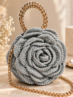 3D Rose Petal Crochet Handbag – Silver Grey