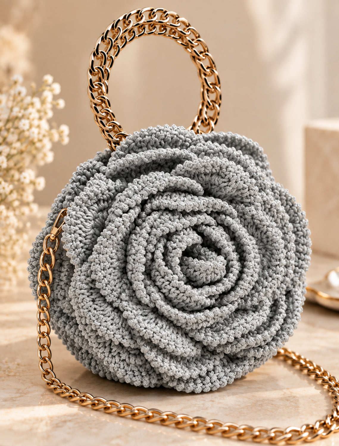 3D Rose Petal Crochet Handbag – Silver Grey