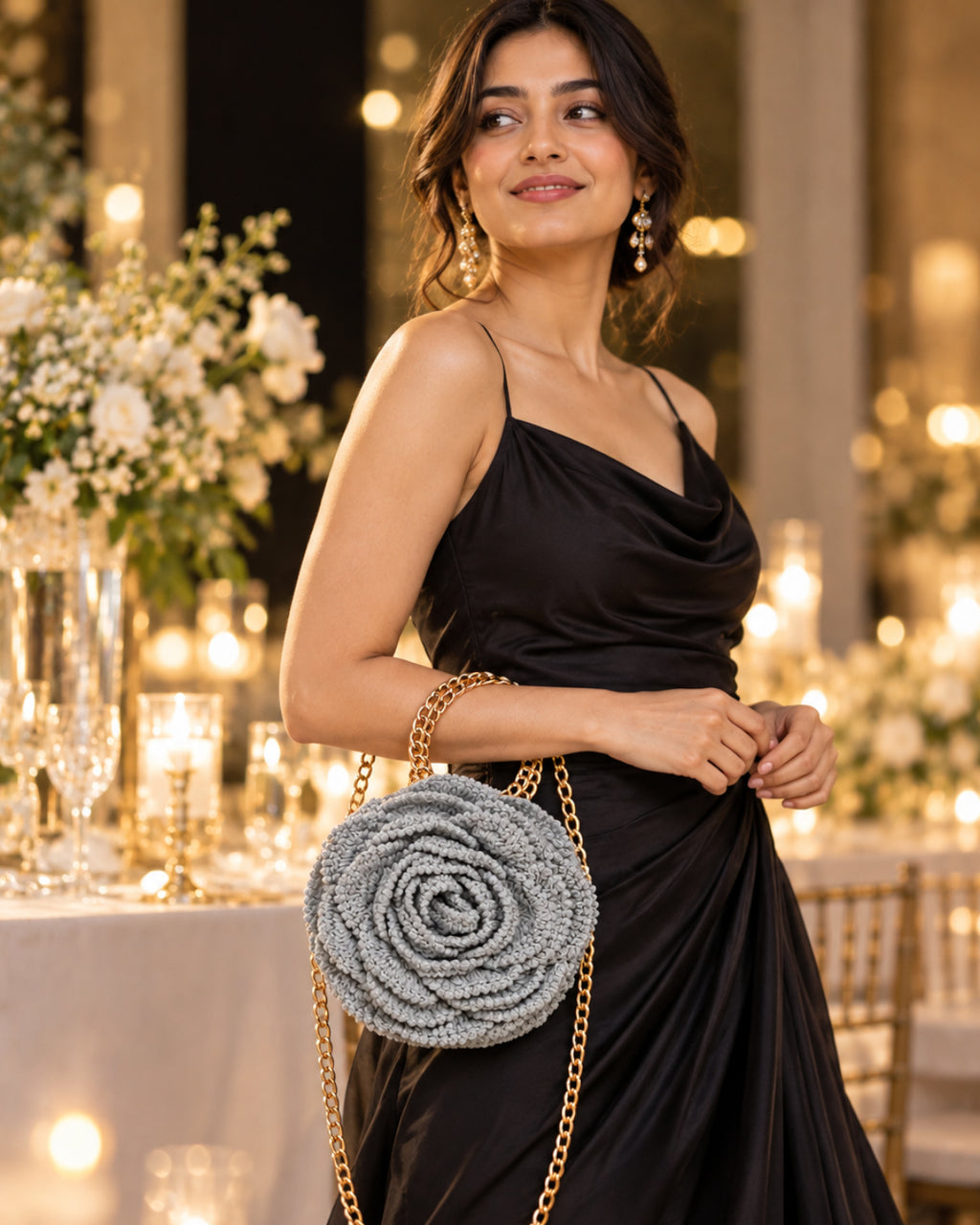 3D Rose Petal Crochet Handbag – Silver Grey