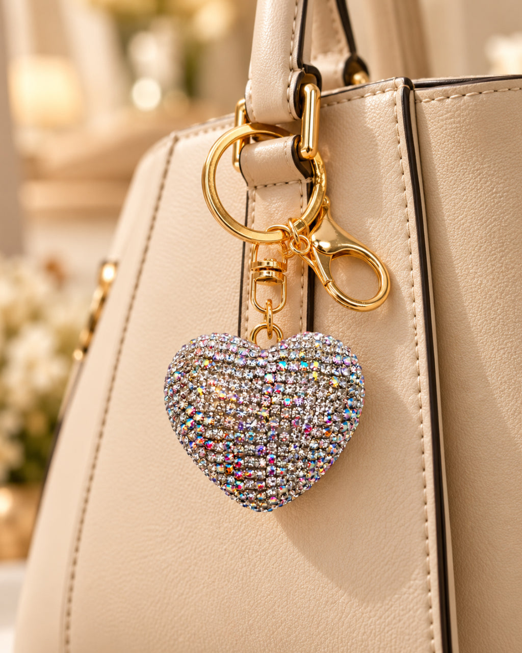 Silver Rainbow Rhinestone Heart Keychain