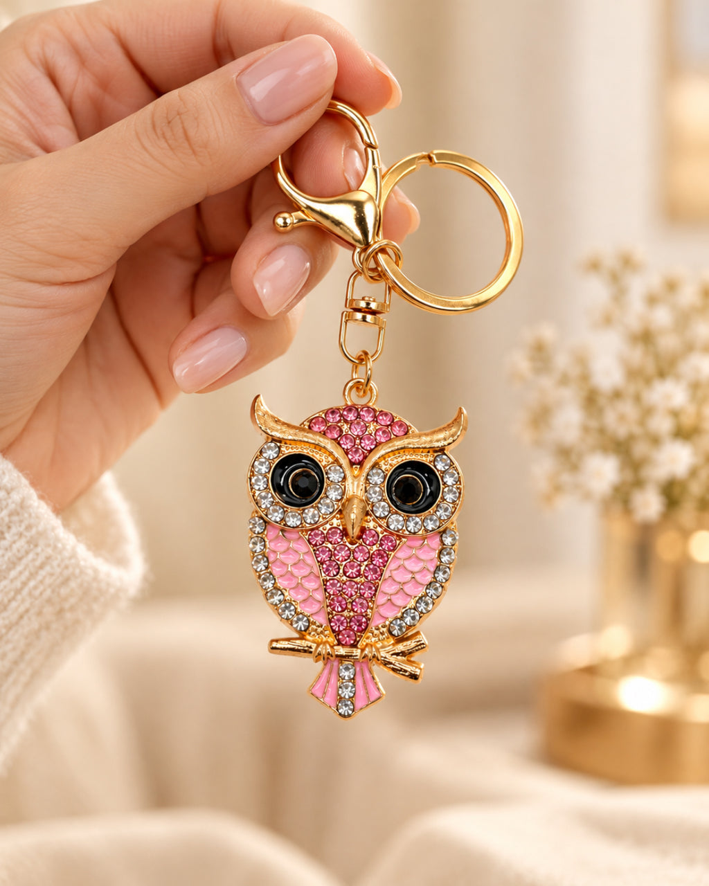 Crystal Owl Rhinestone Keychain – Pink