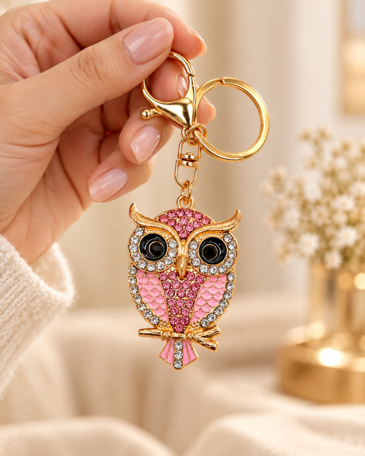 Crystal Owl Rhinestone Keychain – Pink