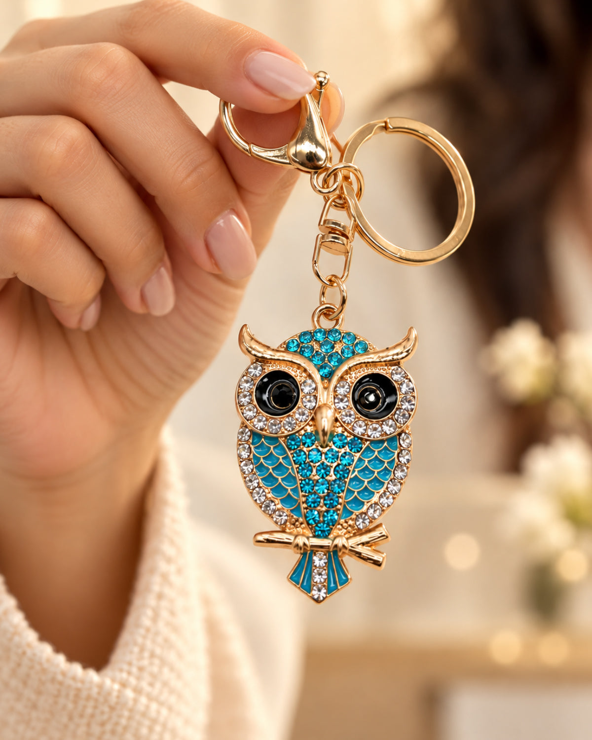 Crystal Owl Rhinestone Keychain – Turquoise