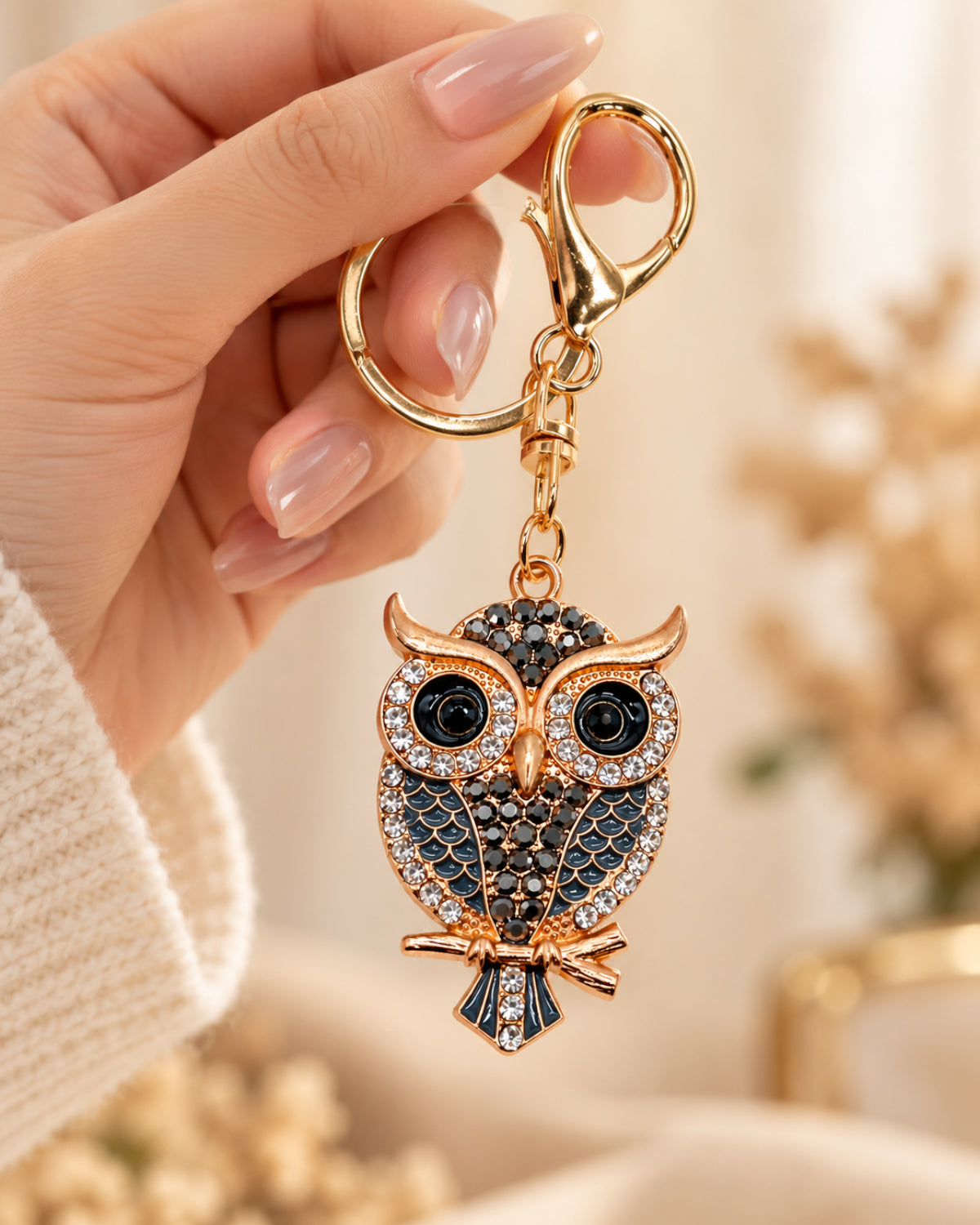 Crystal Owl Rhinestone Keychain – Black