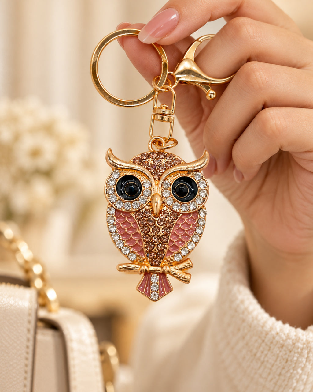 Crystal Owl Rhinestone Keychain – Rose Gold