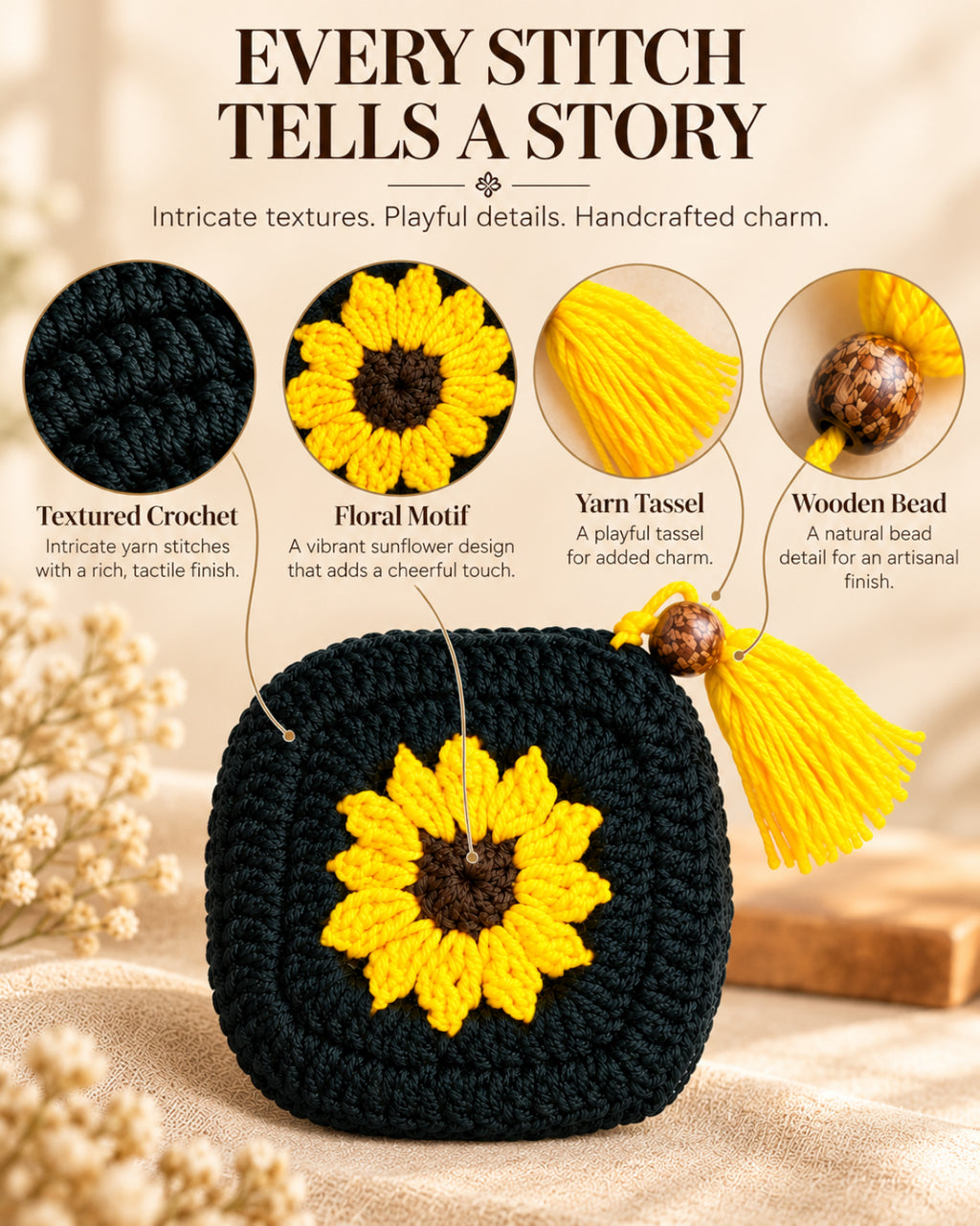 Black & Yellow Sunflower Mini Crochet Pouch | Handmade Floral Zipper Mini Purse