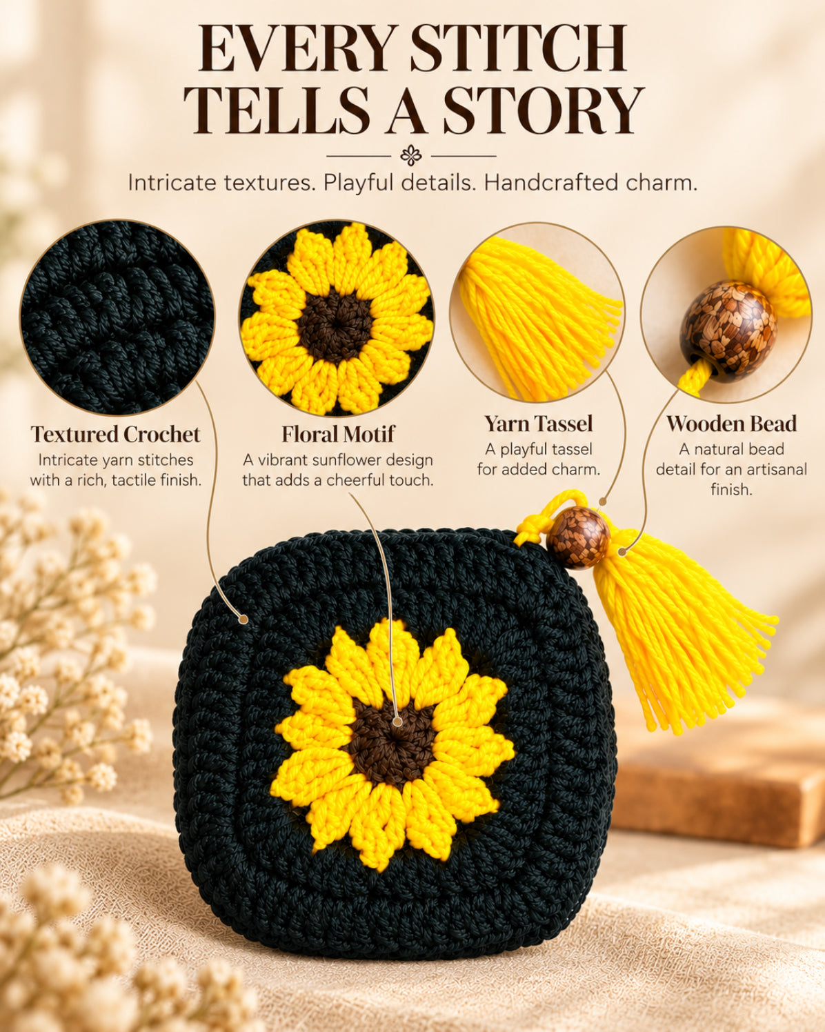 Black & Yellow Sunflower Mini Crochet Pouch | Handmade Floral Zipper Mini Purse