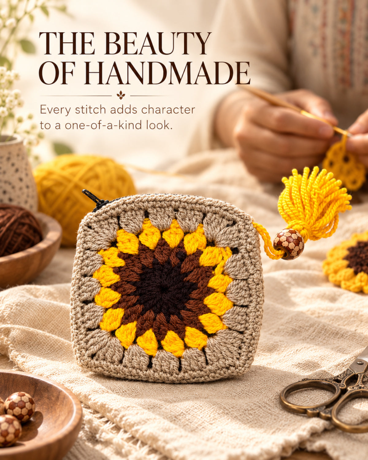Sunflower Mini Crochet Pouch | Handmade Floral Zipper Mini Purse