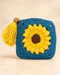 Teal Blue Sunflower Crochet Coin Pouch | Handmade Floral Zipper Purse