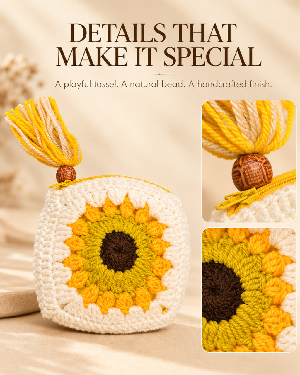 Sunshine Bloom Sunflower Crochet Coin Pouch | Handmade Floral Zipper Mini Purse