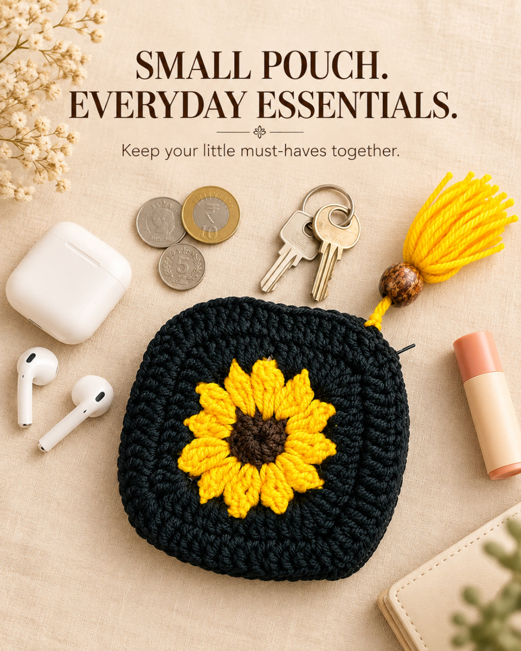 Black & Yellow Sunflower Mini Crochet Pouch | Handmade Floral Zipper Mini Purse