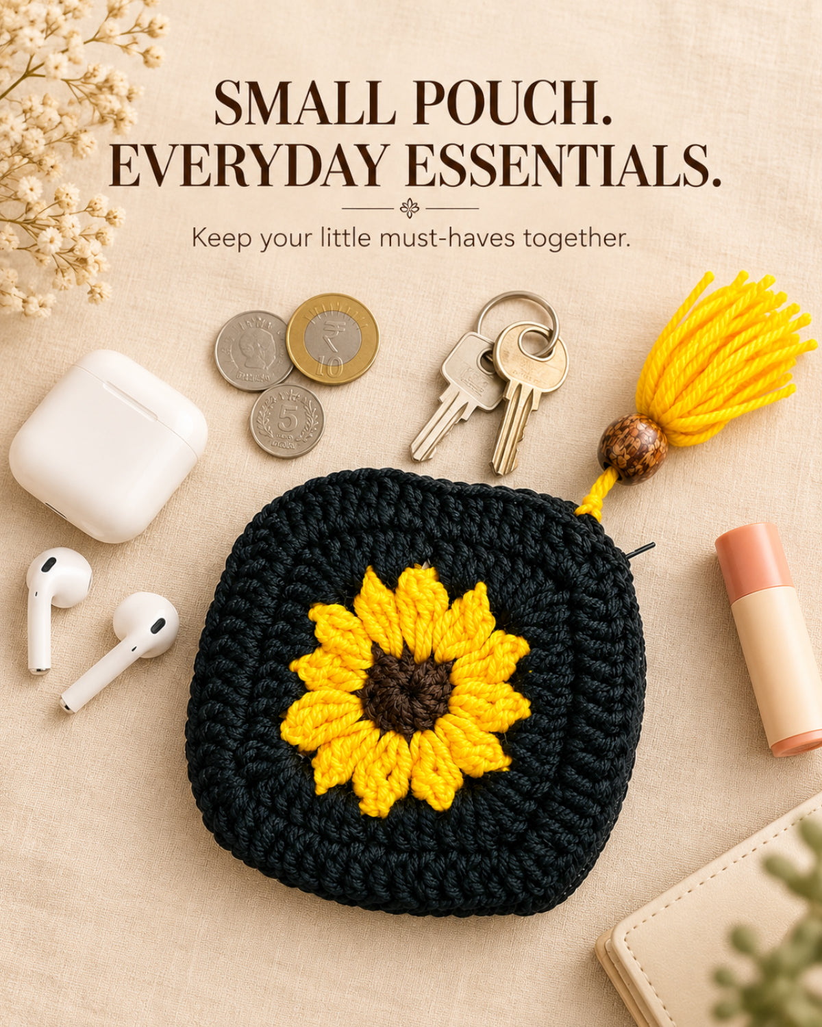 Black & Yellow Sunflower Mini Crochet Pouch | Handmade Floral Zipper Mini Purse