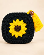 Black & Yellow Sunflower Mini Crochet Pouch | Handmade Floral Zipper Mini Purse