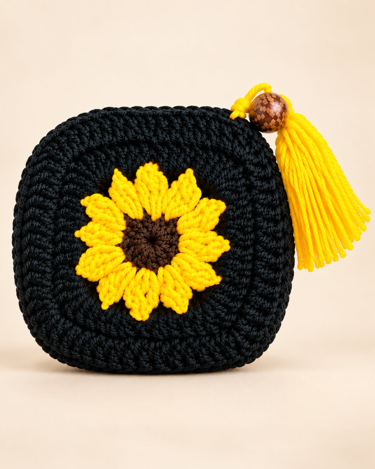 Black & Yellow Sunflower Mini Crochet Pouch | Handmade Floral Zipper Mini Purse