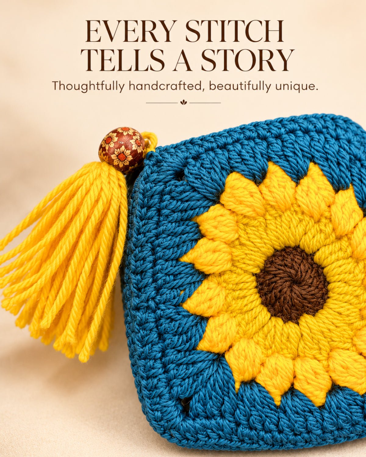 Teal Blue Sunflower Crochet Coin Pouch | Handmade Floral Zipper Purse