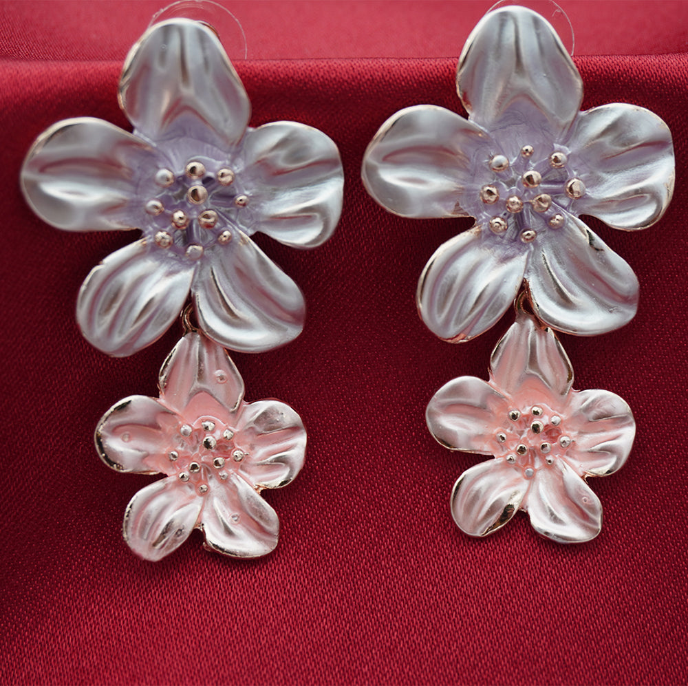 Elegant Double Blossom Drop Earrings – Ivory & Blush Translucent Floral