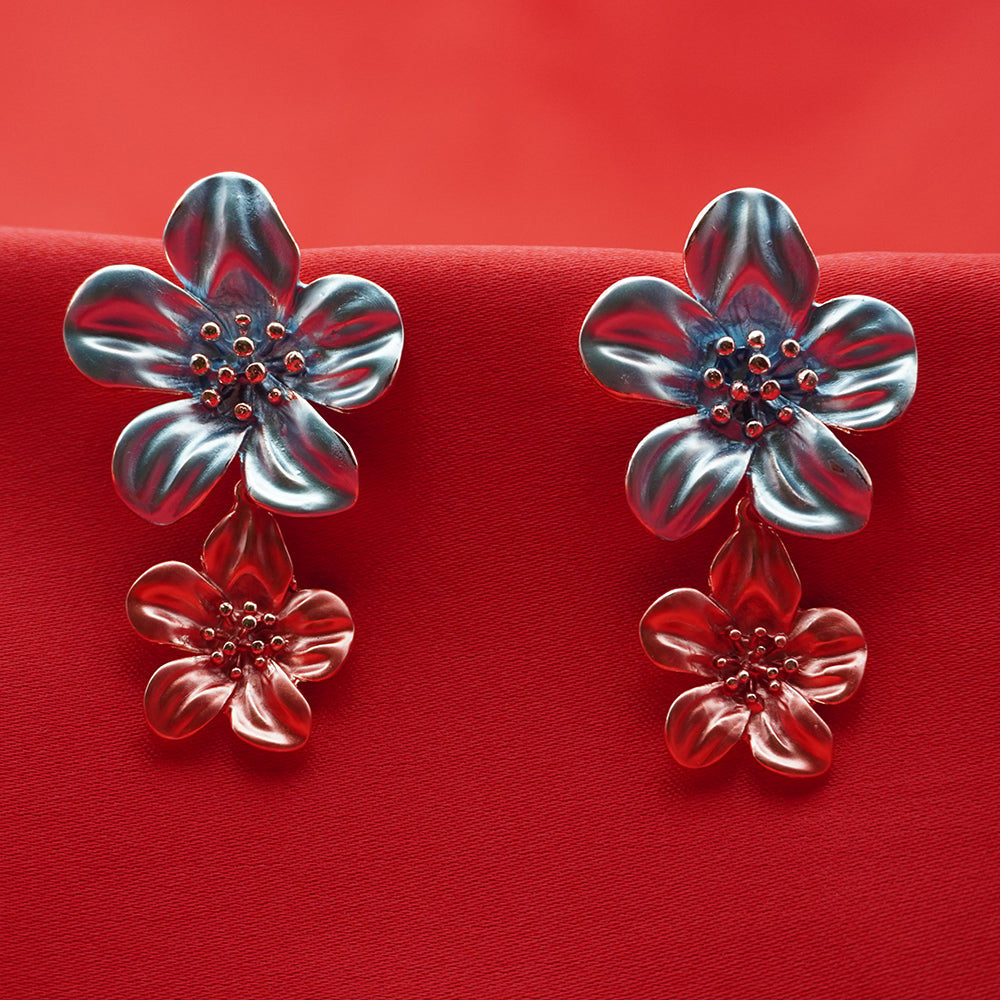 Pastel Double Floral Drop Earrings - Blue & Coral Translucent Blossom