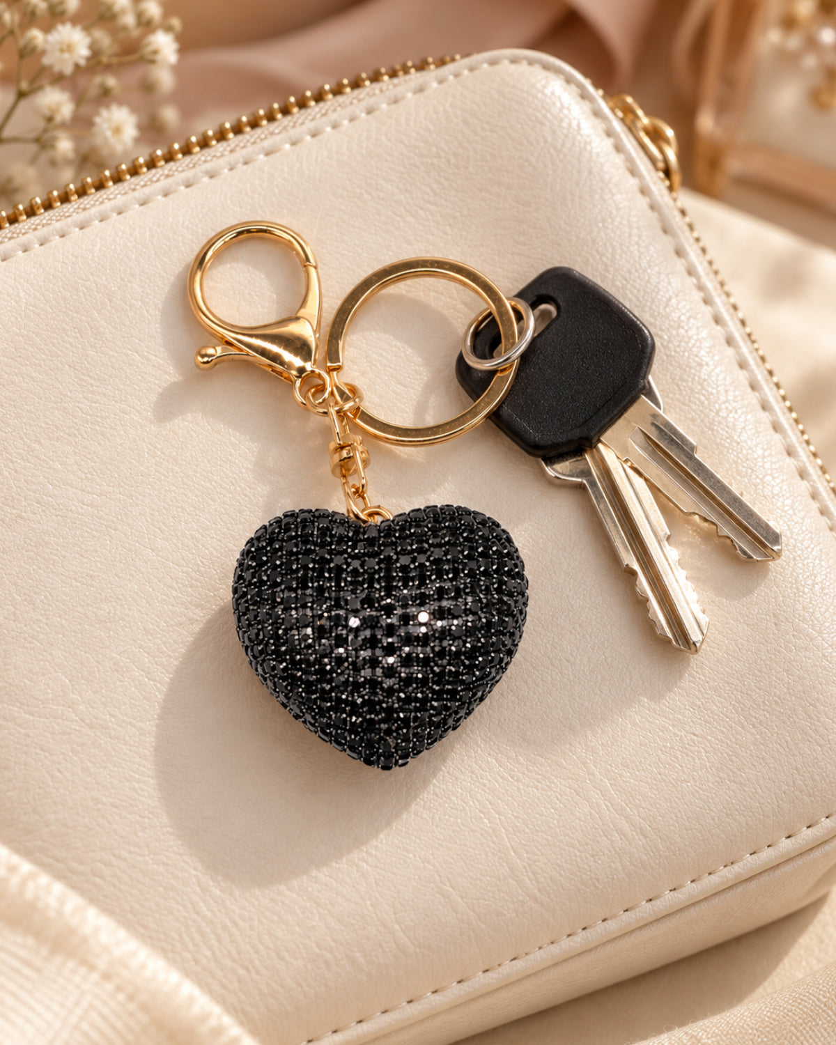 Black Rhinestone Heart Keychain
