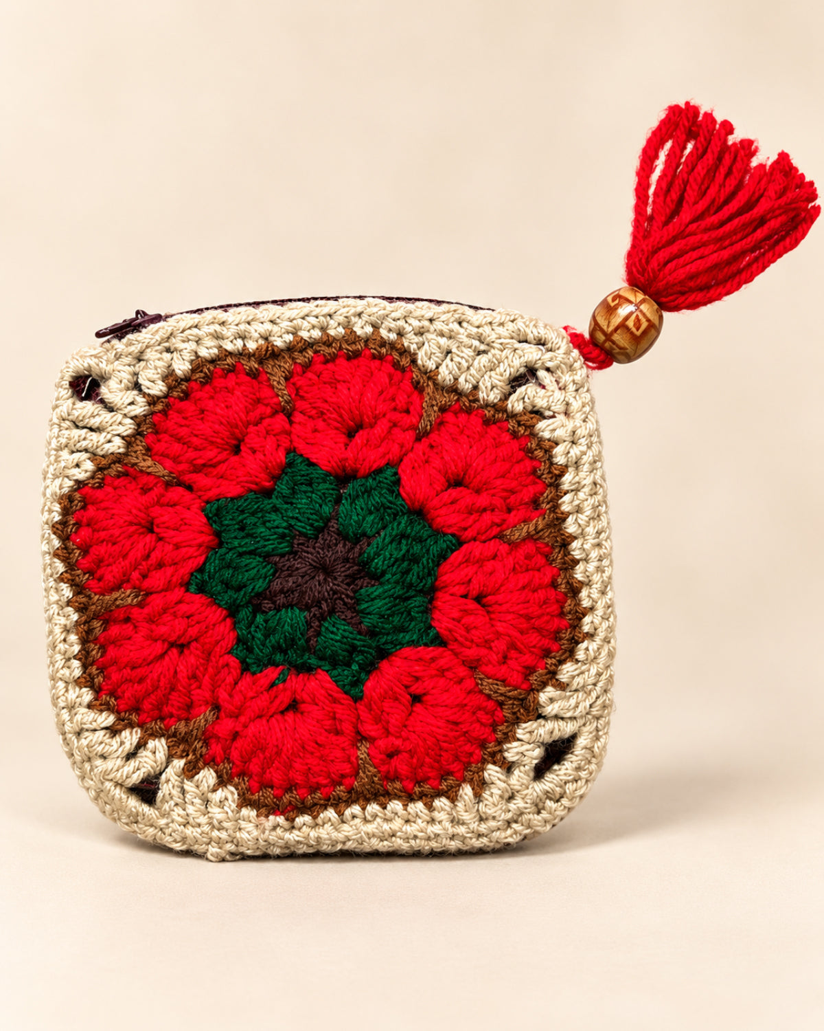 African Flower Mini Crochet Pouch with Tassel | Handmade Floral Zipper Mini Purse