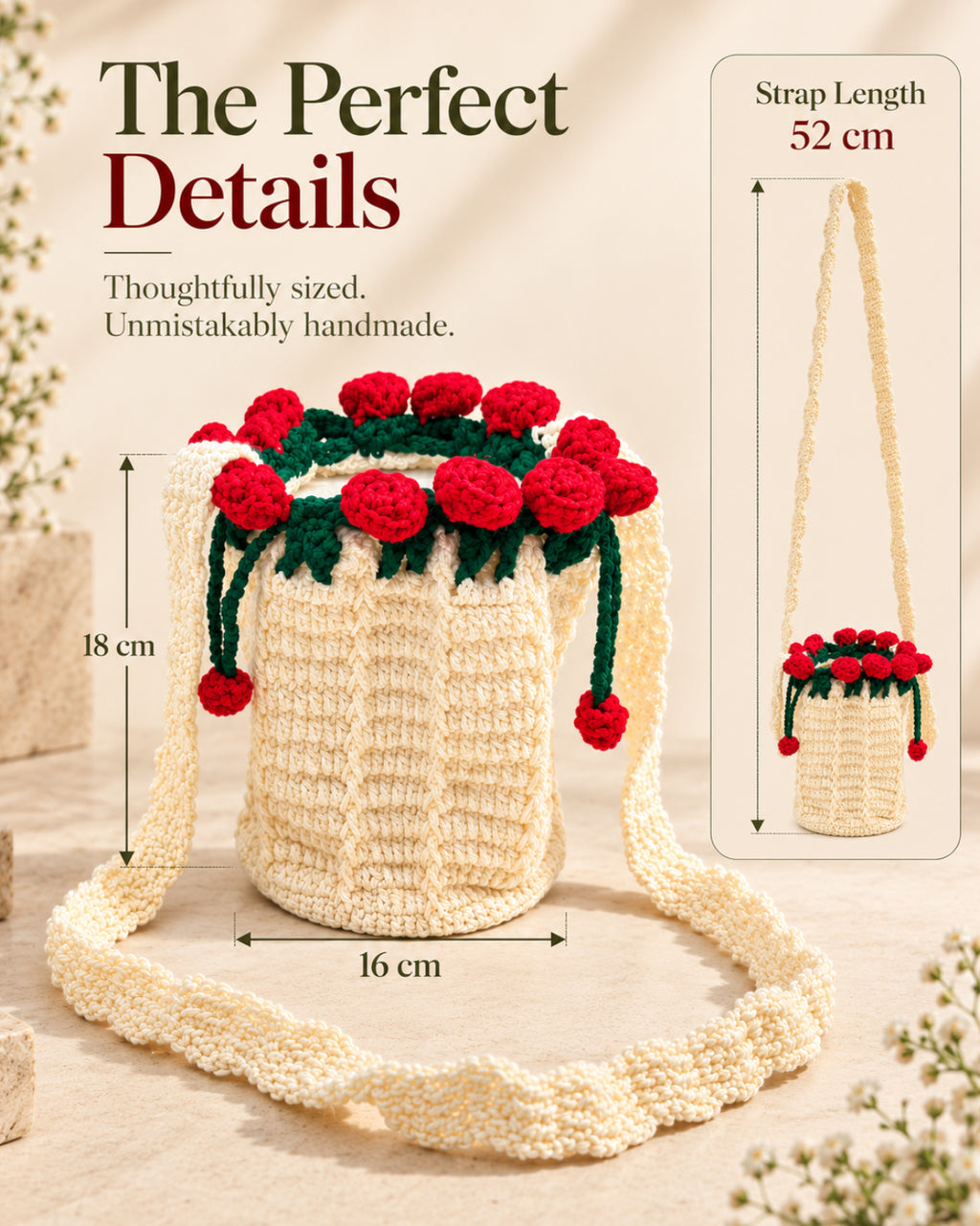 Blooming Roses Crochet Bucket Sling Bag – Cream