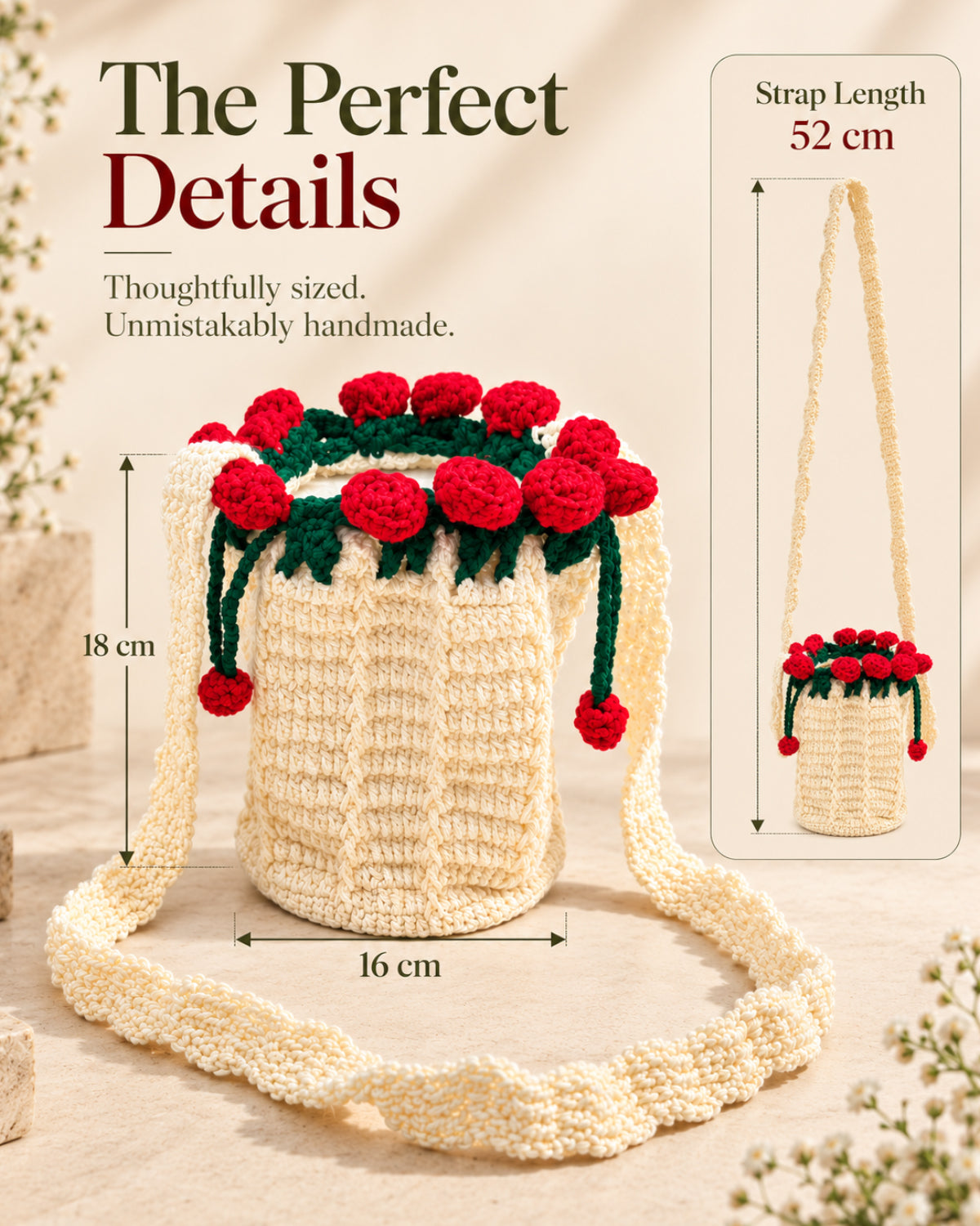 Blooming Roses Crochet Bucket Sling Bag – Cream