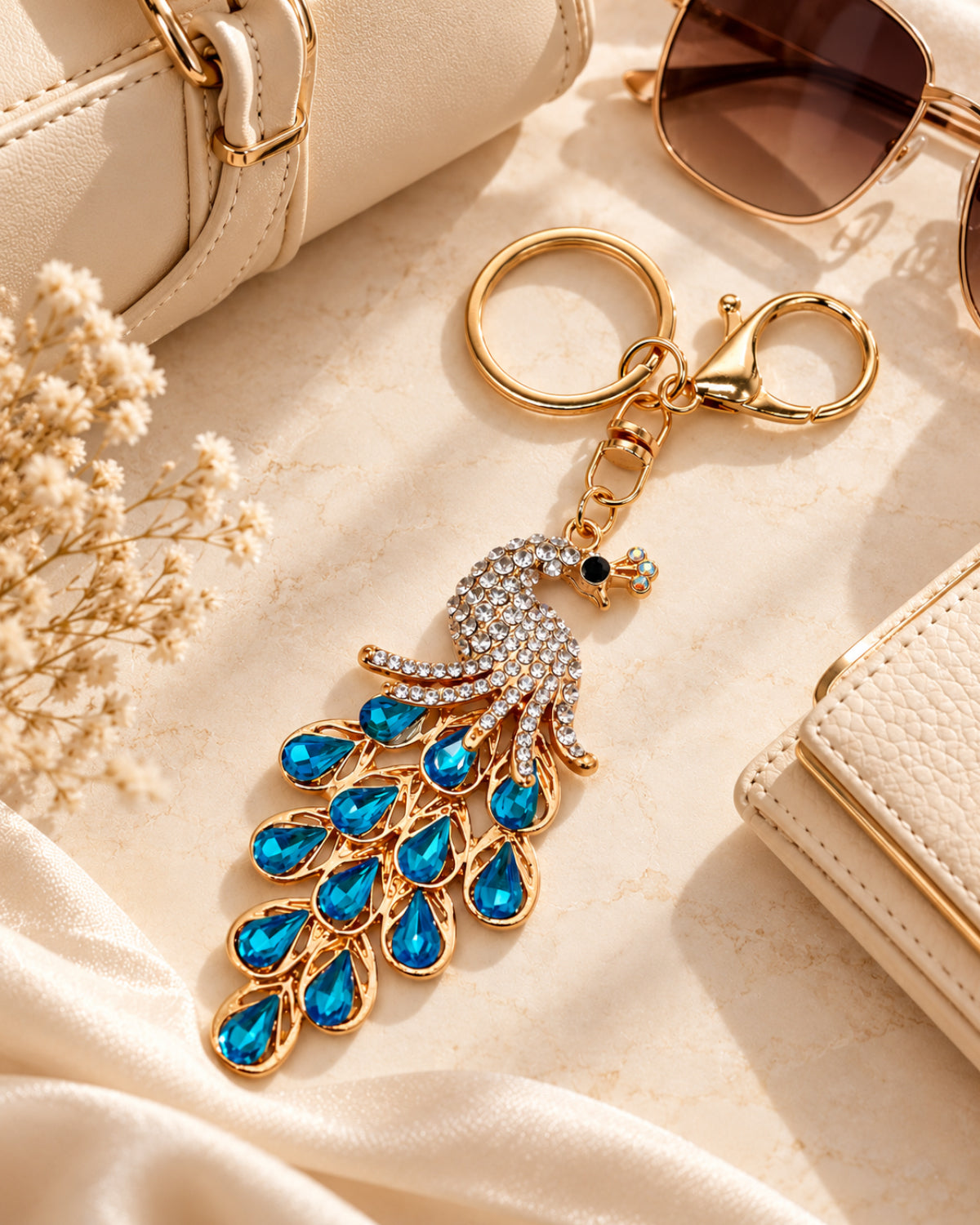Blue Rhinestone Peacock Keychain