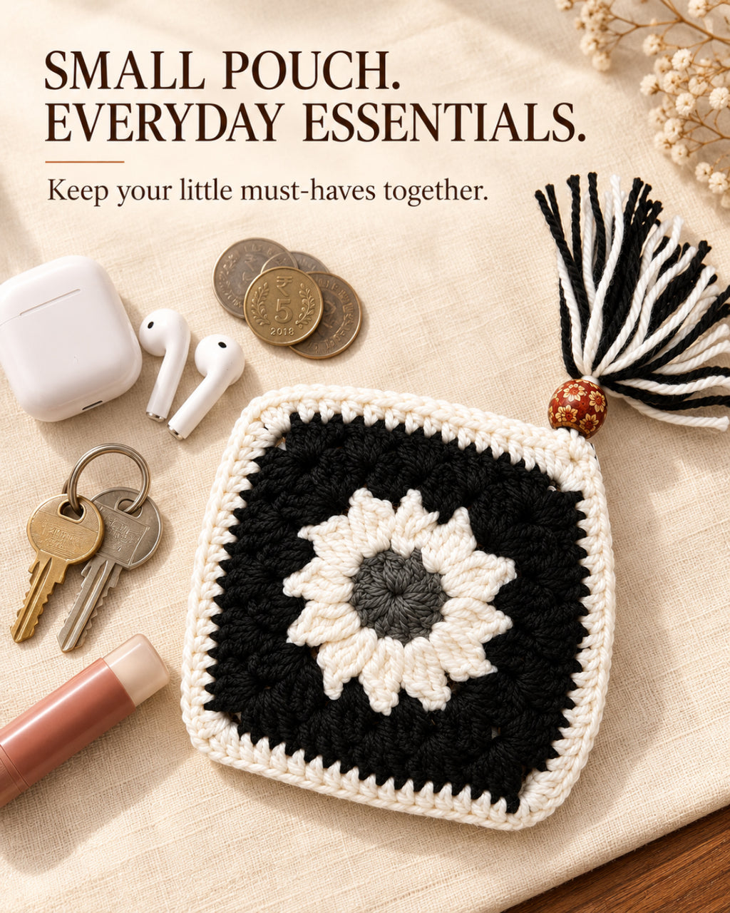 Sunflower Mini Crochet Pouch | Handmade Floral Zipper Mini Purse