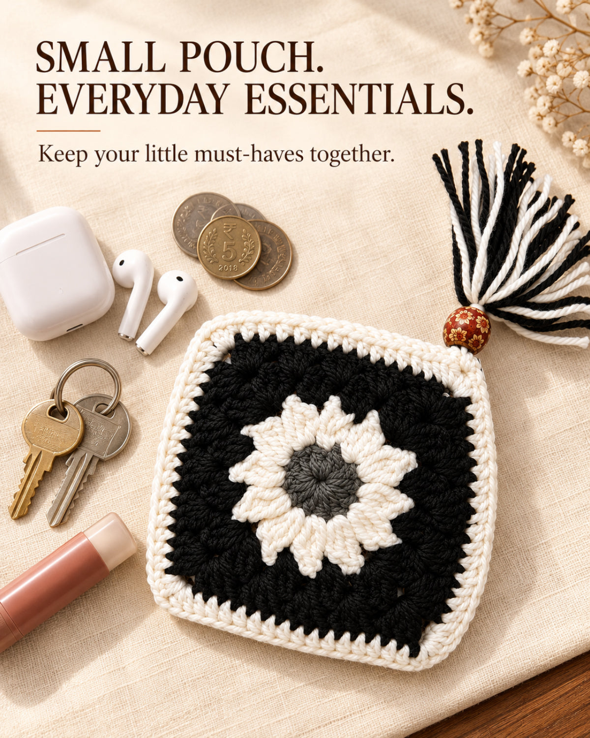 Sunflower Mini Crochet Pouch | Handmade Floral Zipper Mini Purse