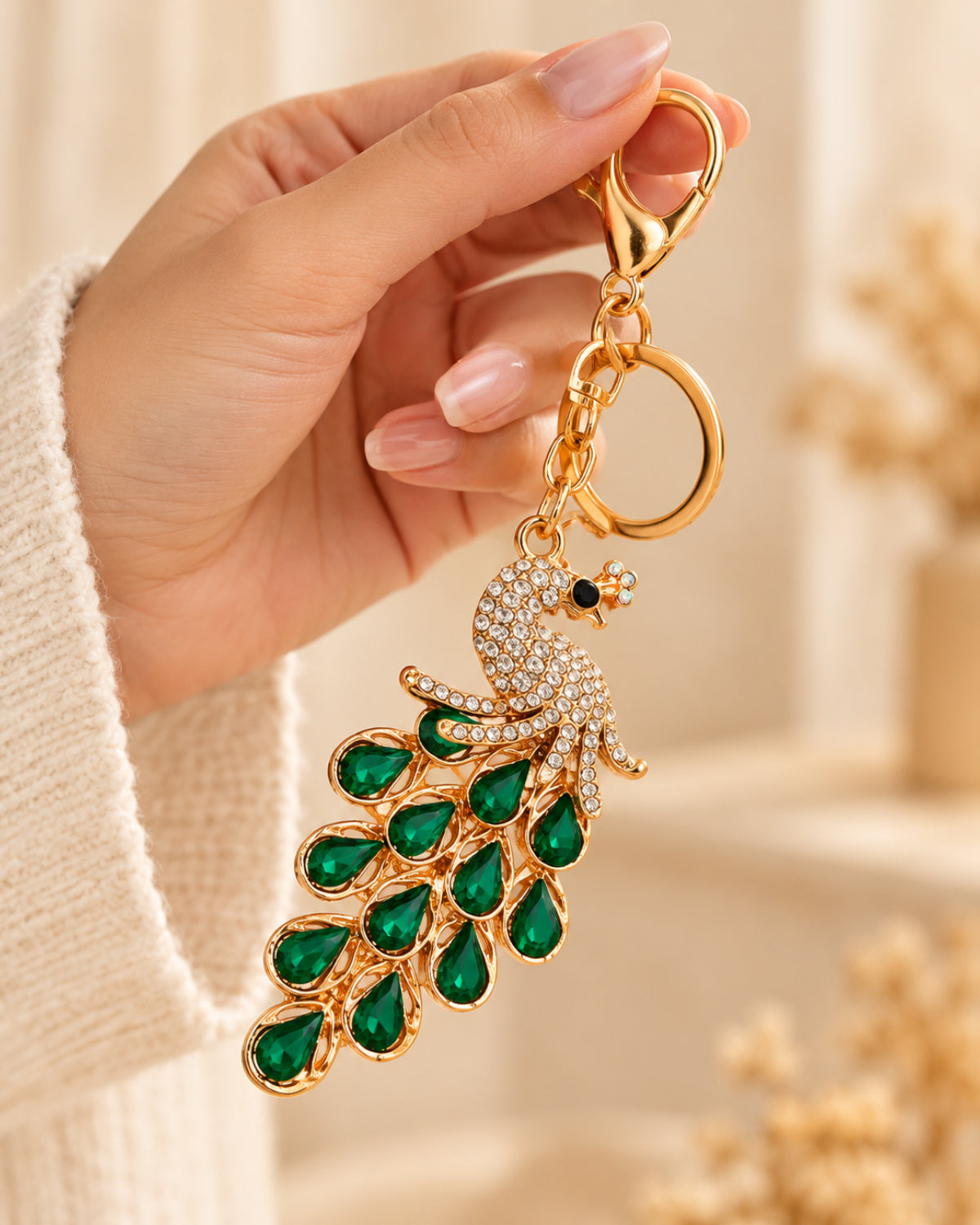 Emerald Green Rhinestone Peacock Keychain