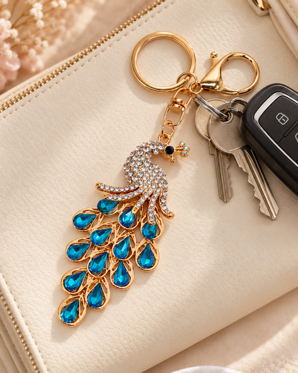 Blue Rhinestone Peacock Keychain
