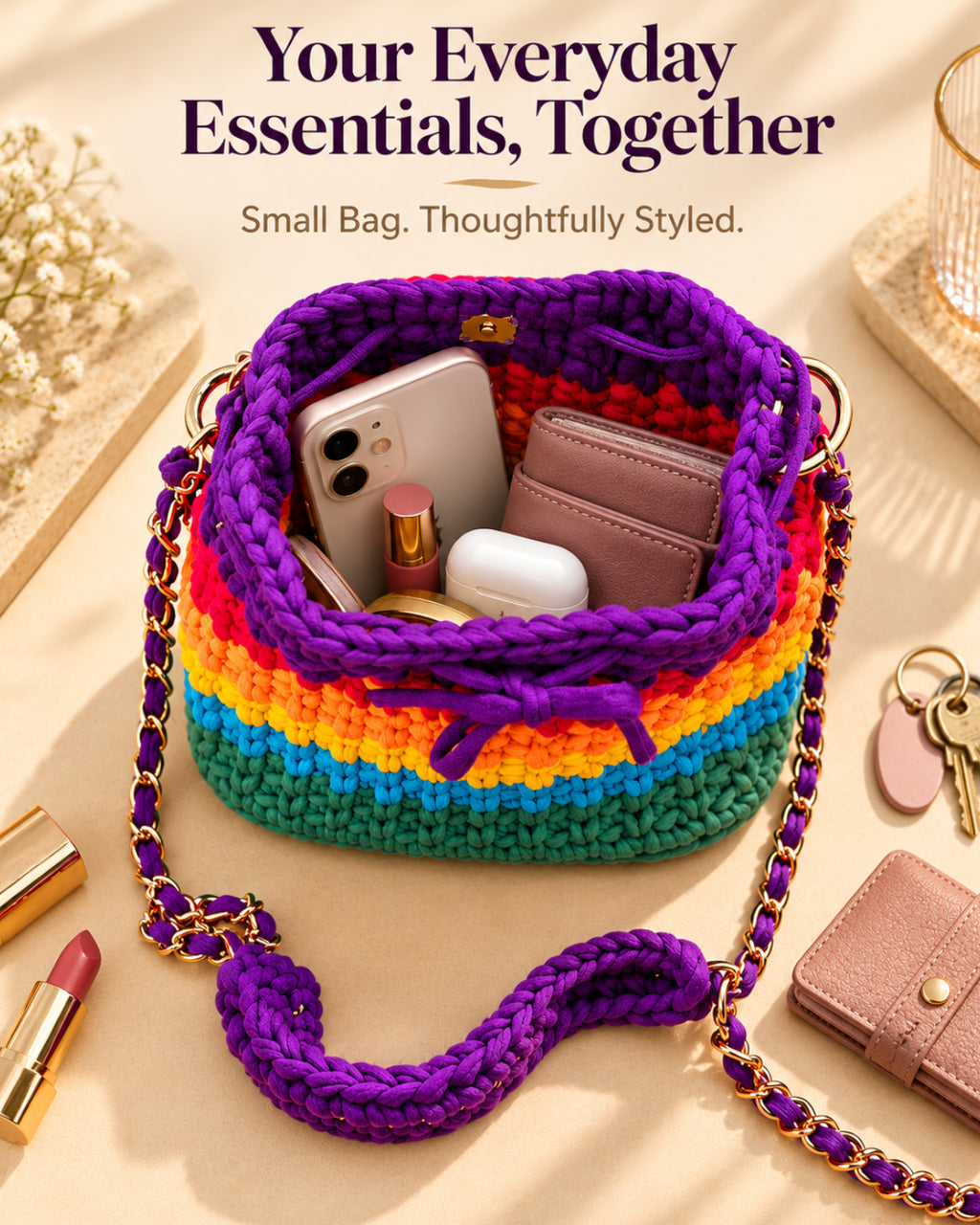 Rainbow Crochet Sling Drawstring Bag