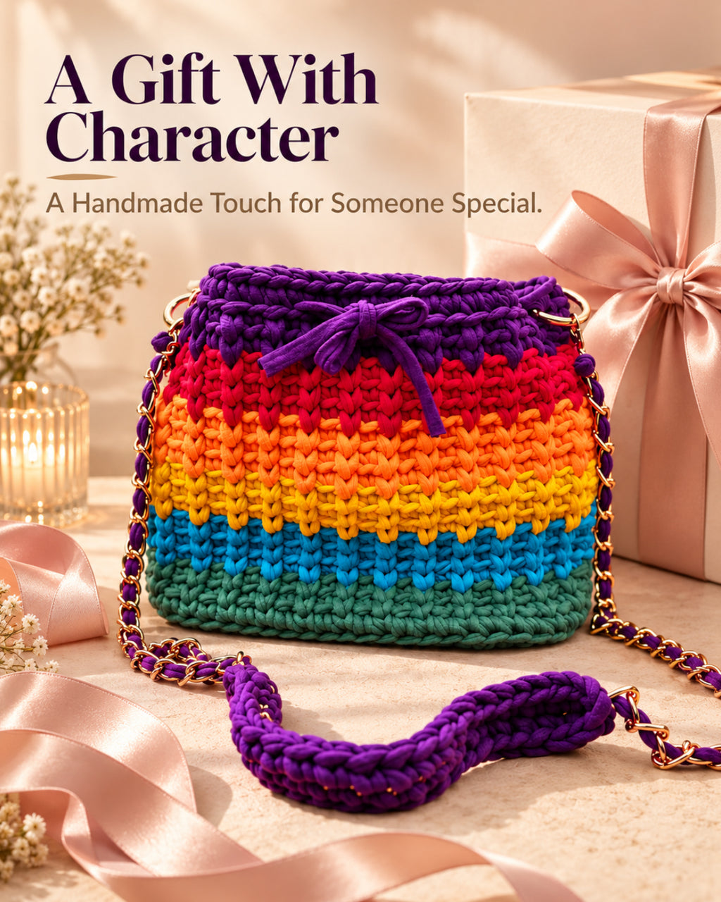 Rainbow Crochet Sling Drawstring Bag
