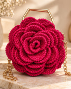 3D Rose Petal Crochet Handbag – Deep Pink