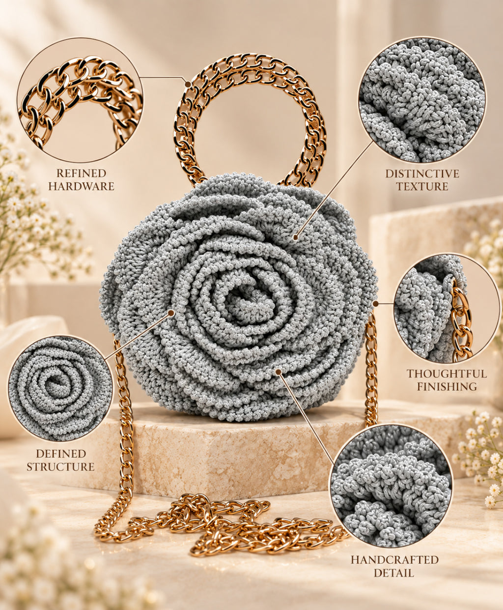 3D Rose Petal Crochet Handbag – Silver Grey