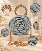 3D Rose Petal Crochet Handbag – Silver Grey