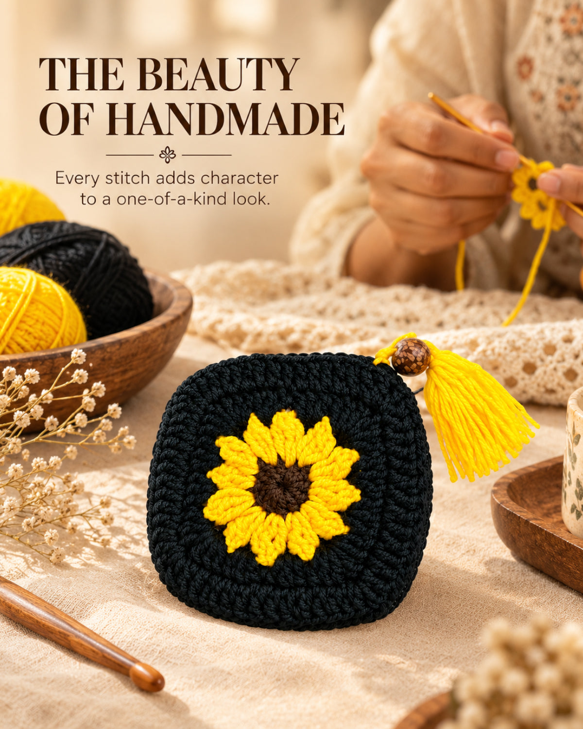 Black & Yellow Sunflower Mini Crochet Pouch | Handmade Floral Zipper Mini Purse